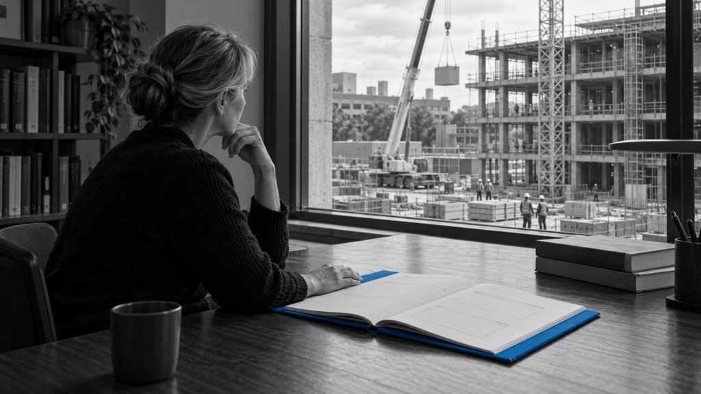 A woman looking through a window at a construction site, with an open book on a blue folder in front of her.