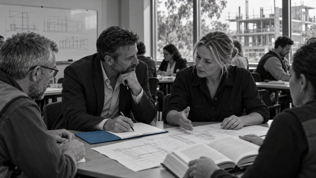 Construction professionals discuss drawings during a workshop, with a blue notebook on the table.