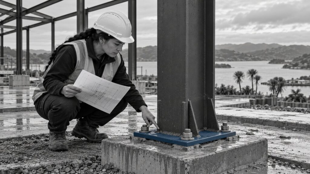 A construction professional checks a blue steel column base plate while holding drawings on site.