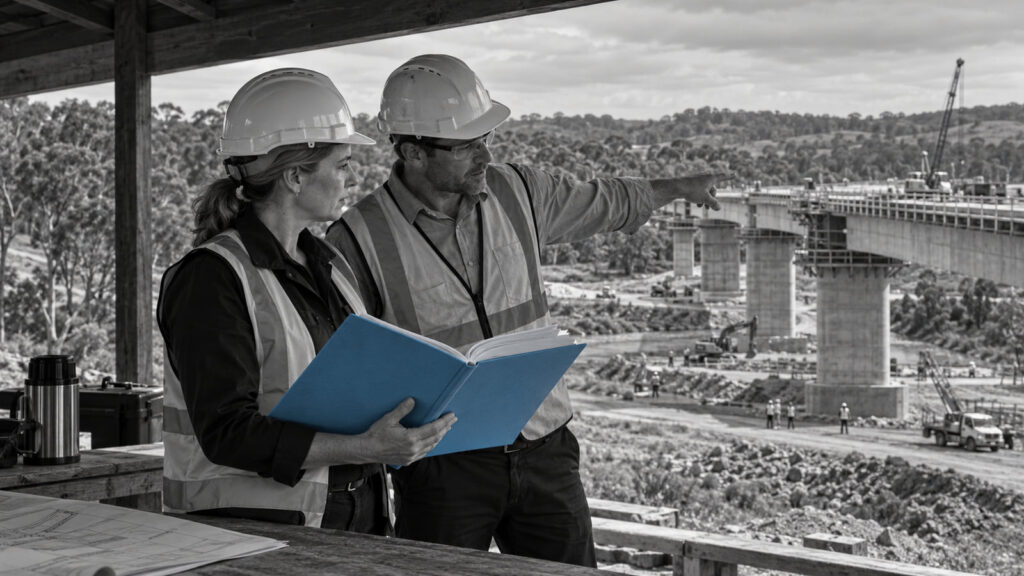 Two construction professionals reviewing a blue folder overlooking a construction site.