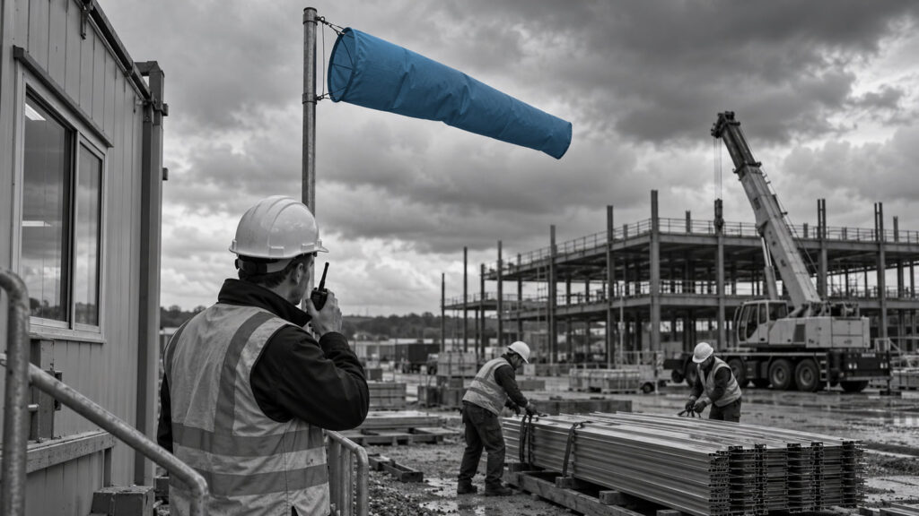 A construction worker photographing a blue windsock on site.