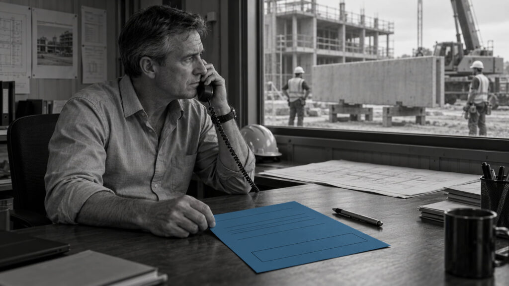 A project professional at a desk beside a blue folder and construction site.
