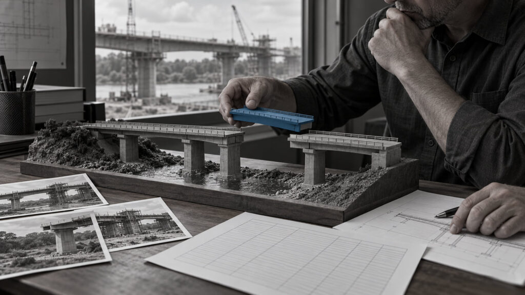 A professional reviewing construction cost records beside a blue calculator.
