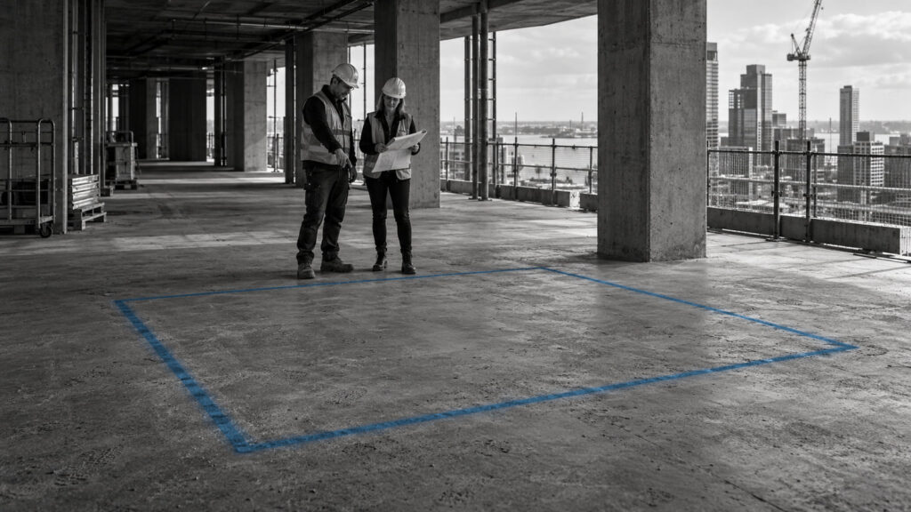 Two construction professionals discussing blue site markings inside a building.