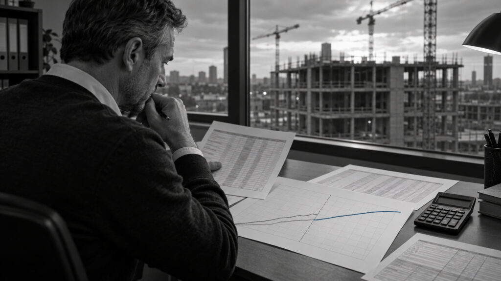 A construction professional reviewing project records beside a calculator and blue notebook.