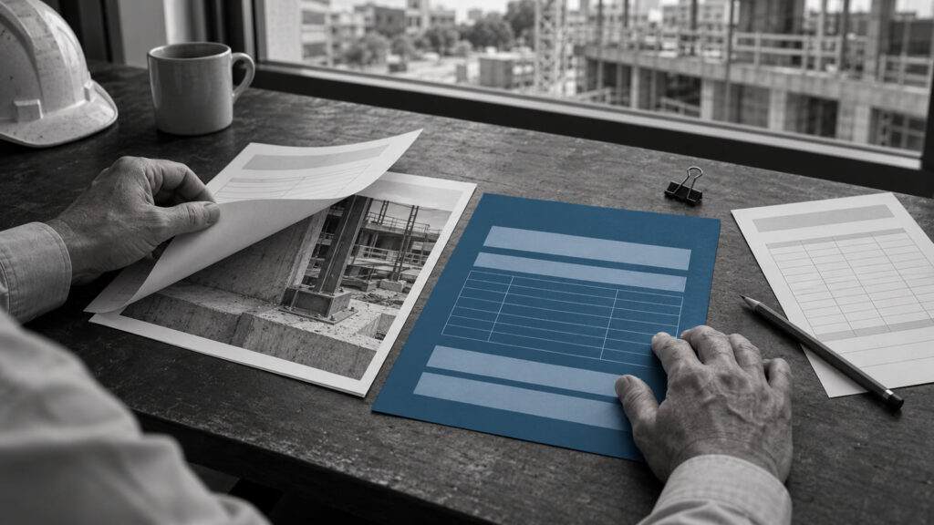 Hands reviewing payment records and a blue document beside construction photographs.