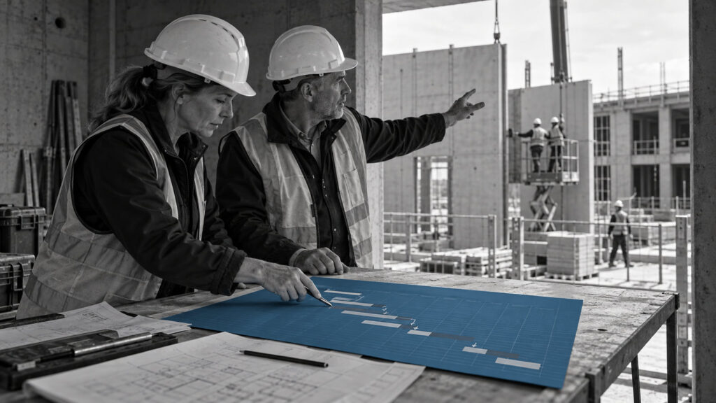 Two construction professionals reviewing a blue programme drawing on site.