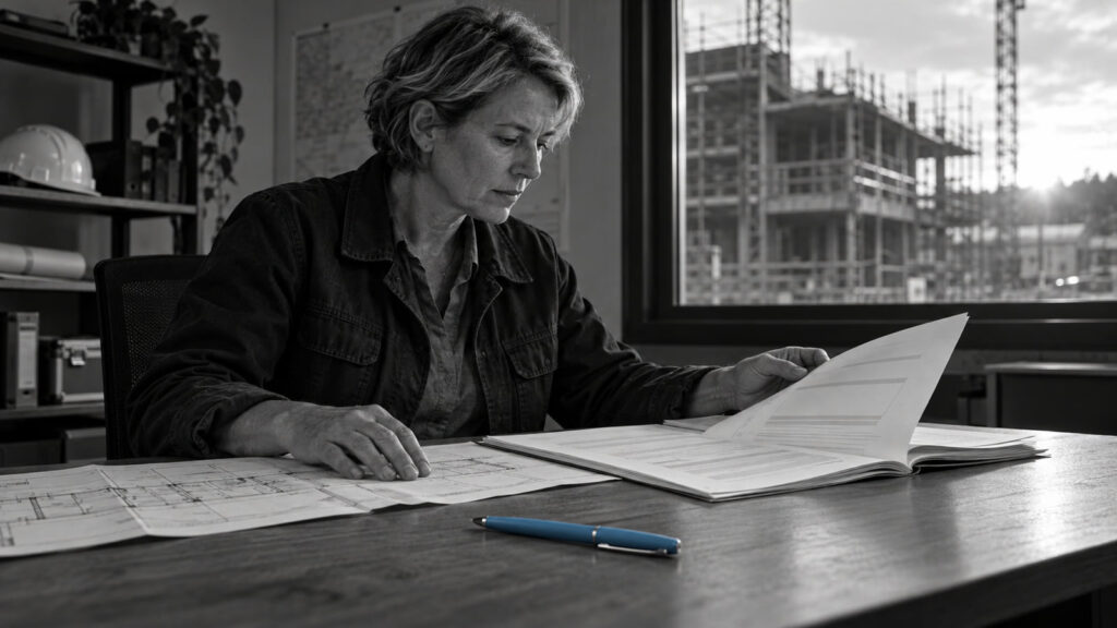 A professional reviewing a construction contract beside a blue pen.