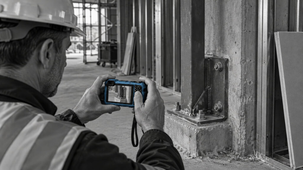 A construction worker photographing site conditions with a blue phone.