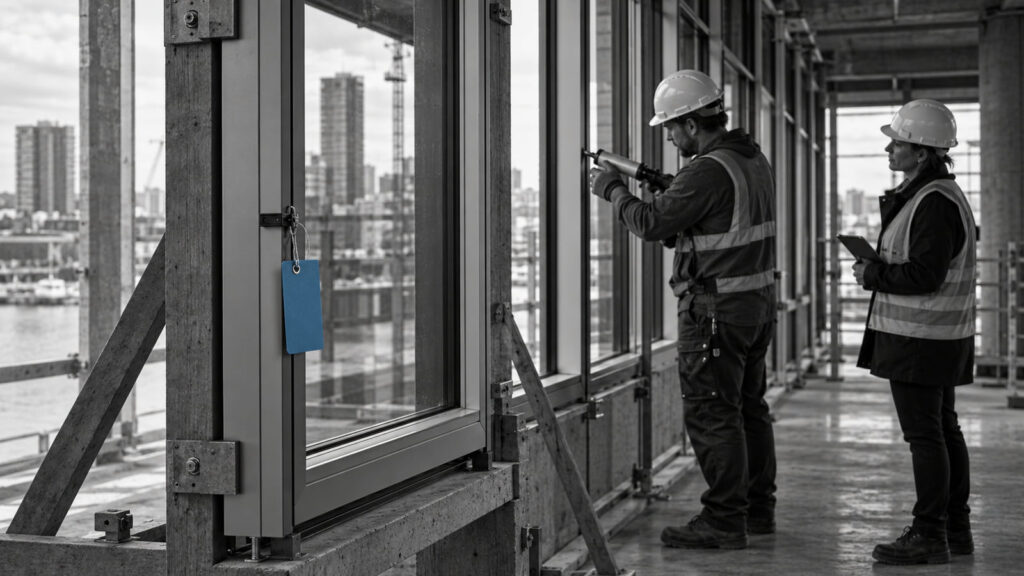 Two construction professionals checking a blue-marked opening inside a building.