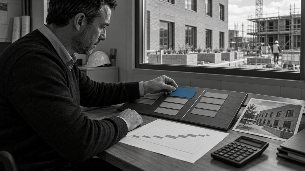 A professional reviewing an activity schedule on a screen beside a calculator.