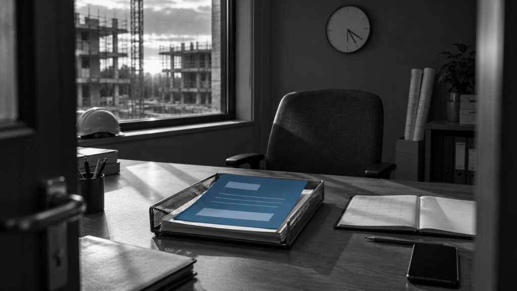 A blue document and project records on a desk beside an empty chair.