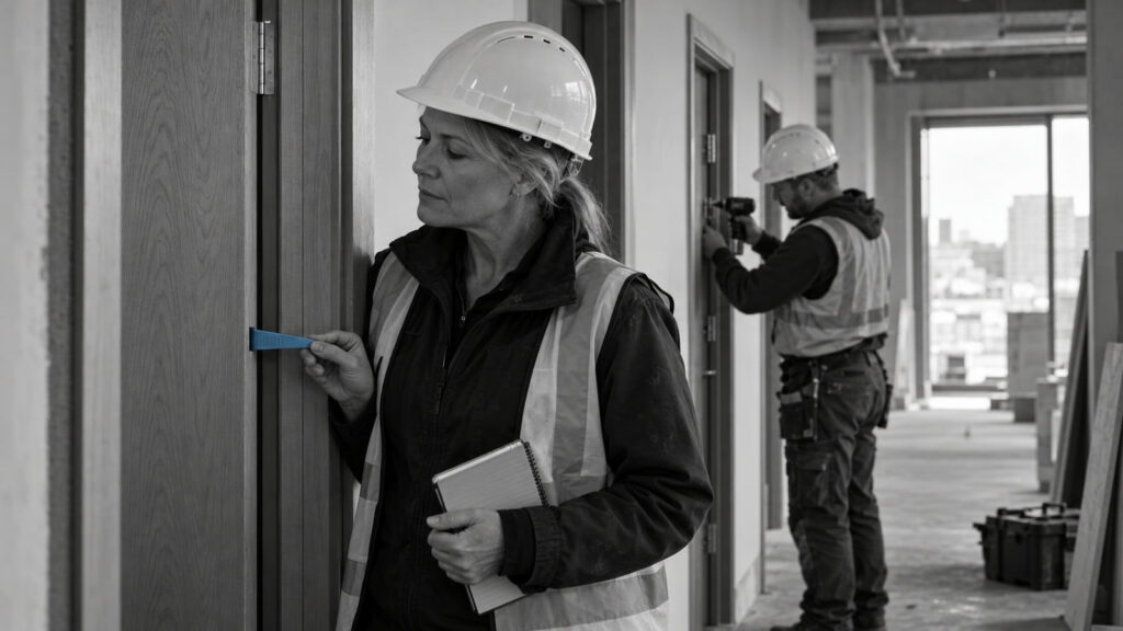 A construction professional checking a blue site marker beside a structural column.