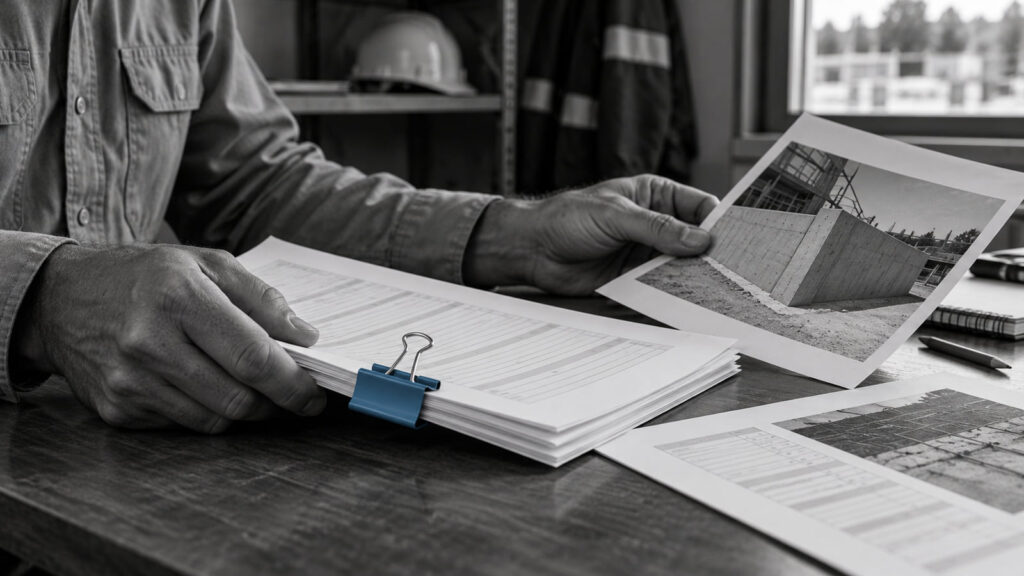 Hands reviewing payment records and photographs at a desk.