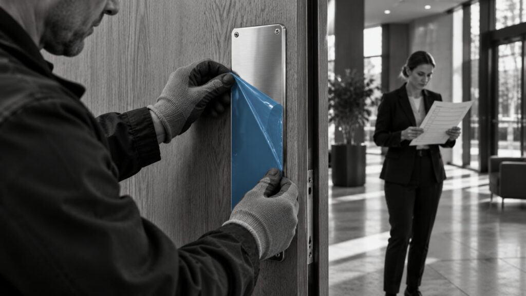 A construction professional marking a handover inspection with blue tape.