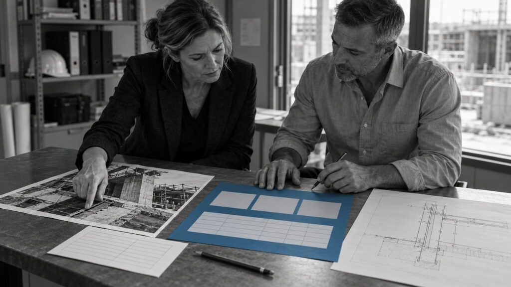 Two professionals preparing a construction assessment with photographs and a blue document.