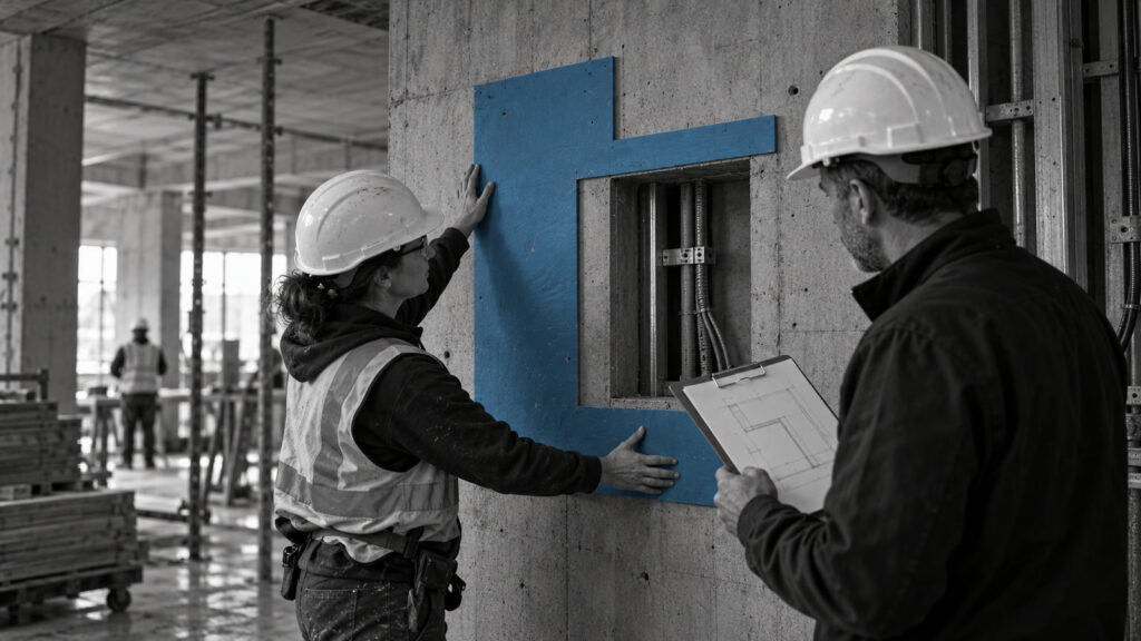 Two construction professionals reviewing a blue-marked opening on site.