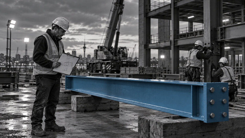 A construction worker inspecting a blue structural connection.