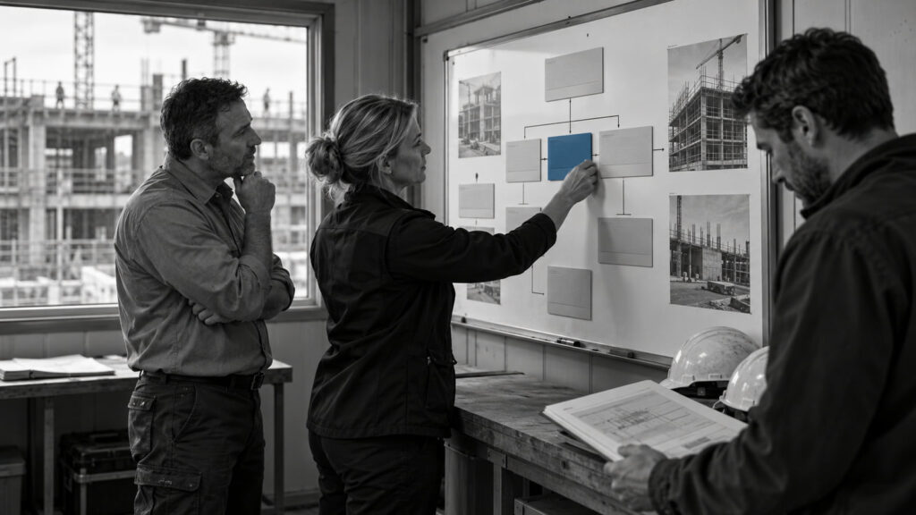 Project professionals reviewing construction information with blue highlights.
