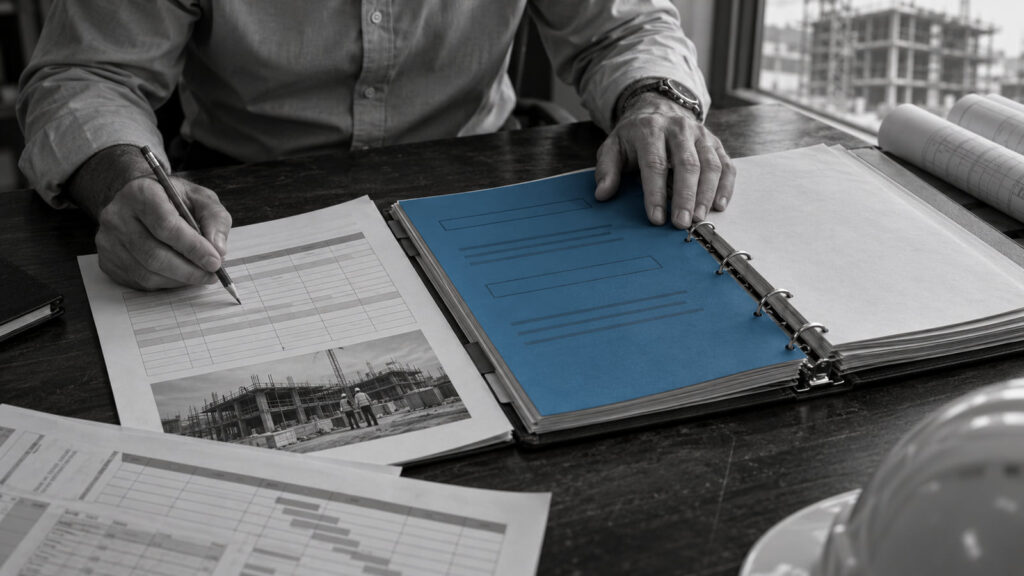 Hands reviewing project records beside a blue document in a ring binder.
