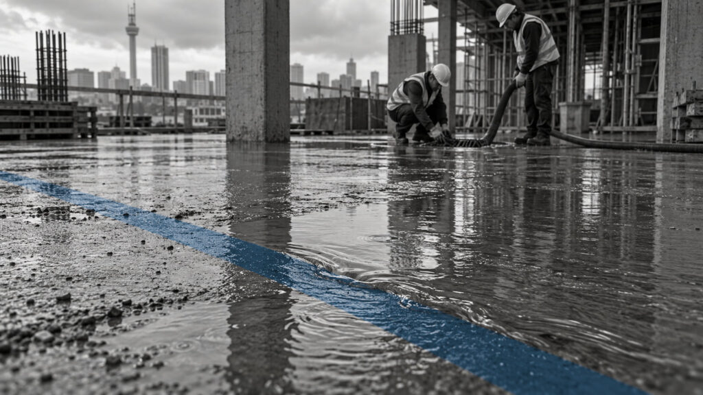 A blue line across a wet construction floor.