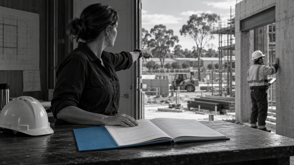 A professional reviewing a blue-edged contract with a construction site outside.