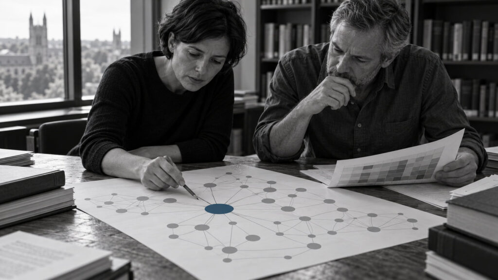 Two people reviewing research diagrams, including a network chart with a blue central node.