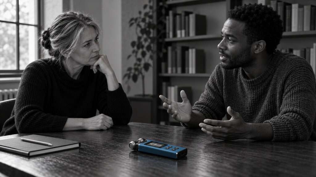 Two people discussing at a library table with a blue audio recorder between them.