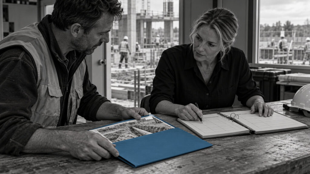 Two construction professionals reviewing site records and excavation photographs beside a blue folder.