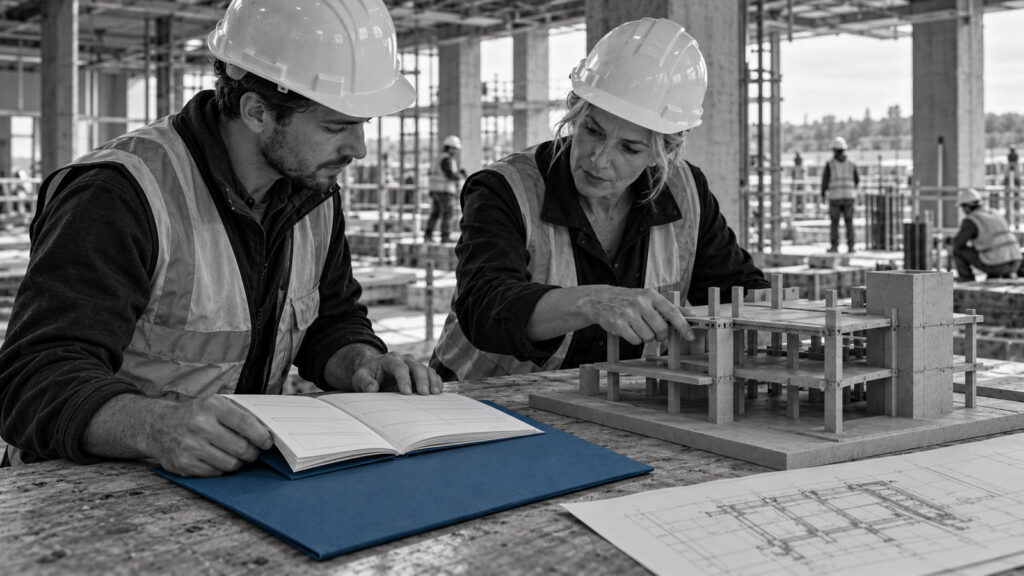 Two construction professionals reviewing contract documents and a structural model beside a blue folder.