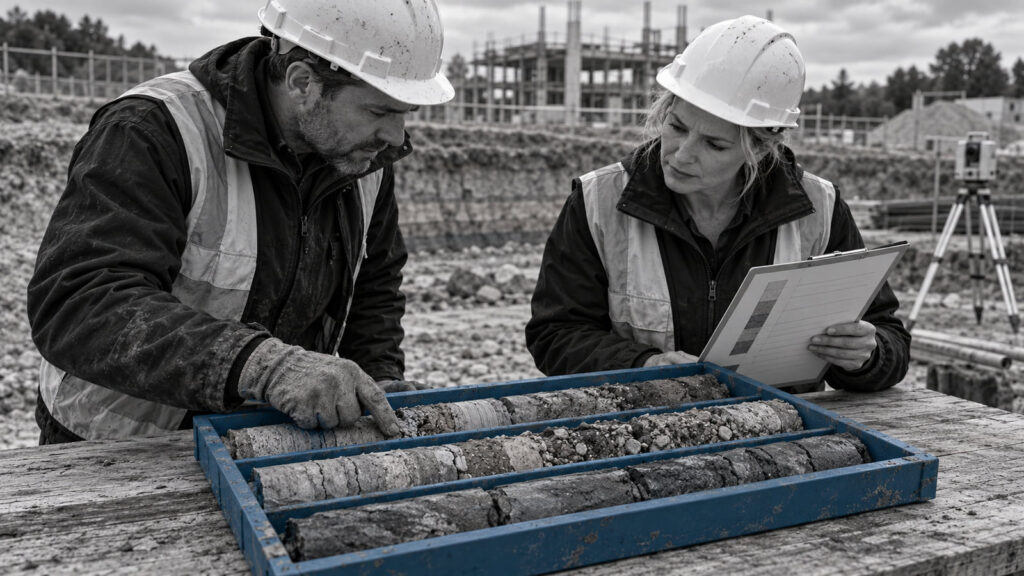 Two construction professionals examining ground investigation core samples in a blue tray on site.