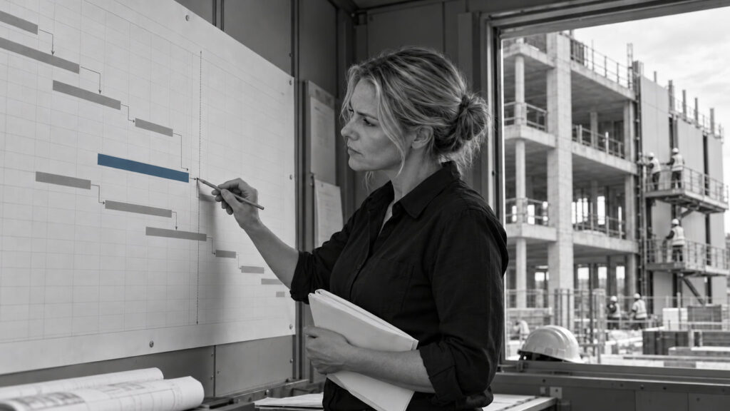 A construction professional reviewing a programme chart with a blue activity bar beside a building site.
