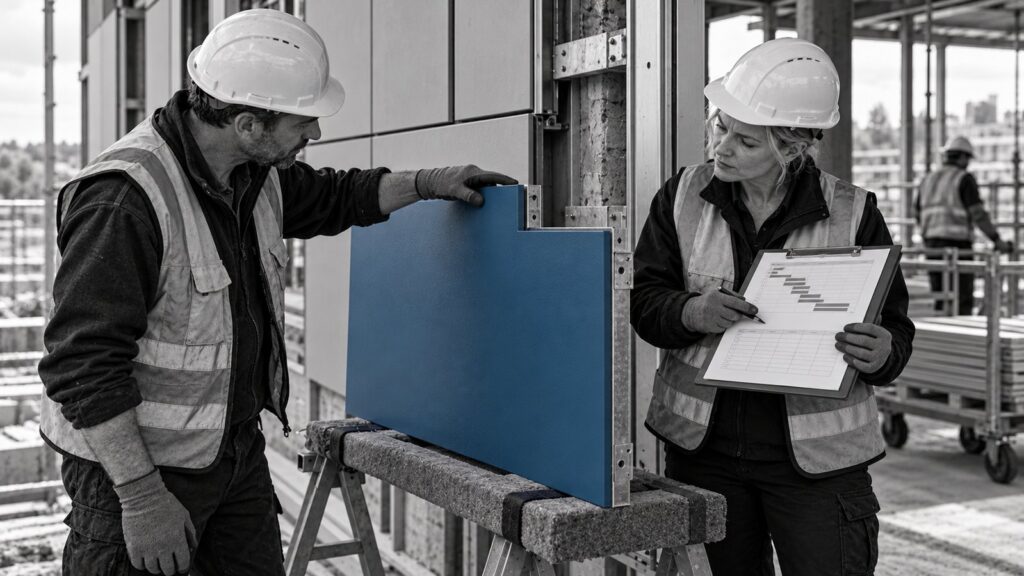 Two construction workers reviewing a blue panel and a programme on a clipboard