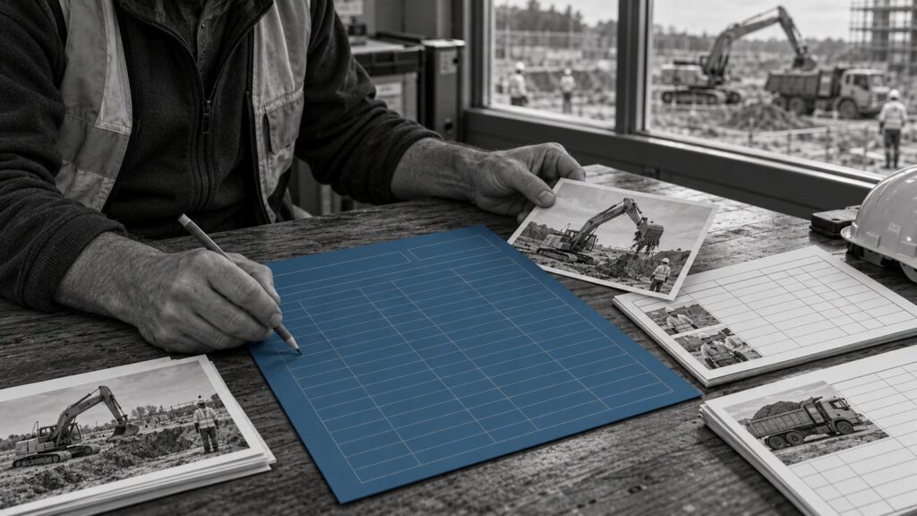 Construction cost records and site photographs reviewed beside a blue cost sheet