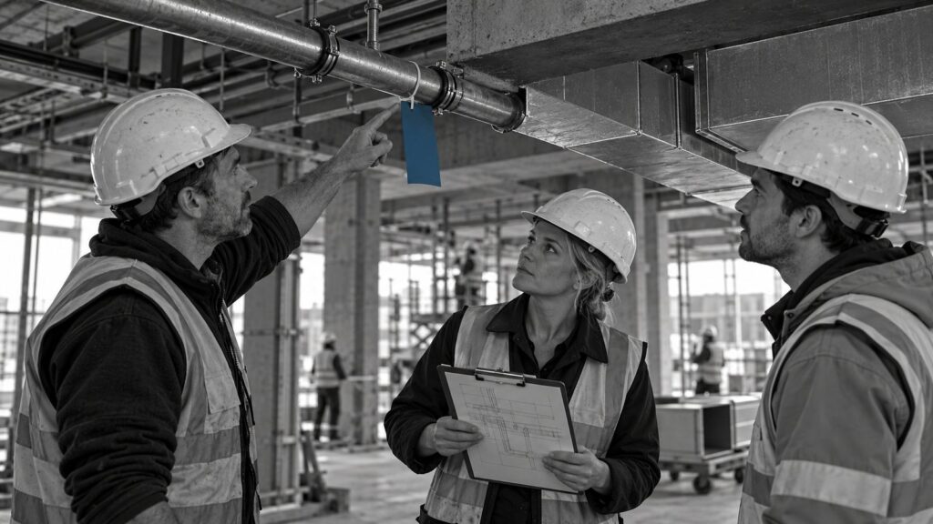 Three construction professionals discussing a blue-tagged pipe installation on site.