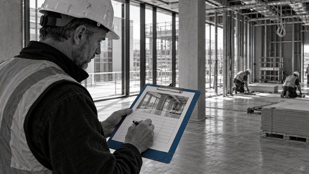 Construction worker checking site progress on a blue clipboard for a payment assessment
