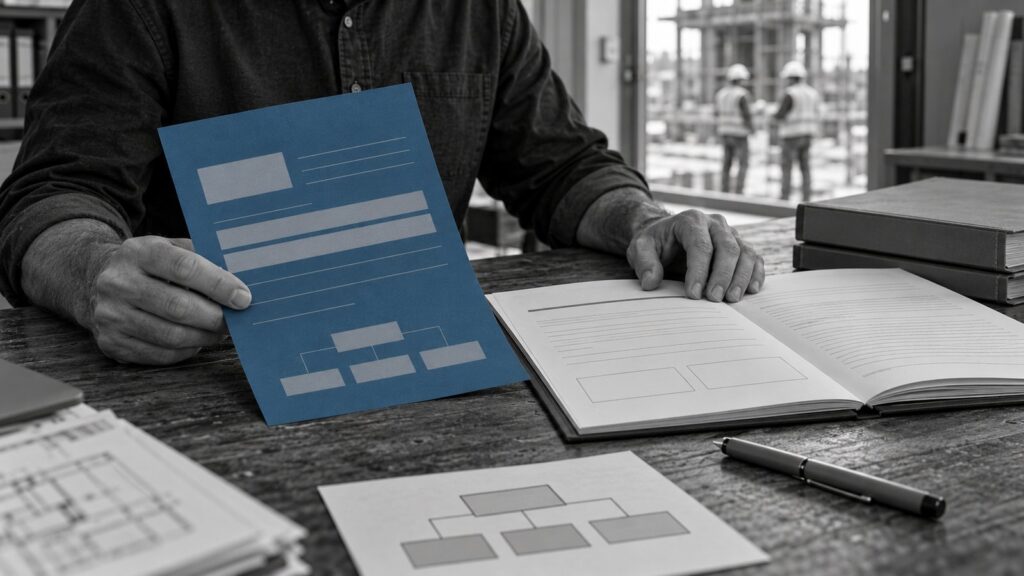 A construction professional holding a blue company information sheet beside an open contract.