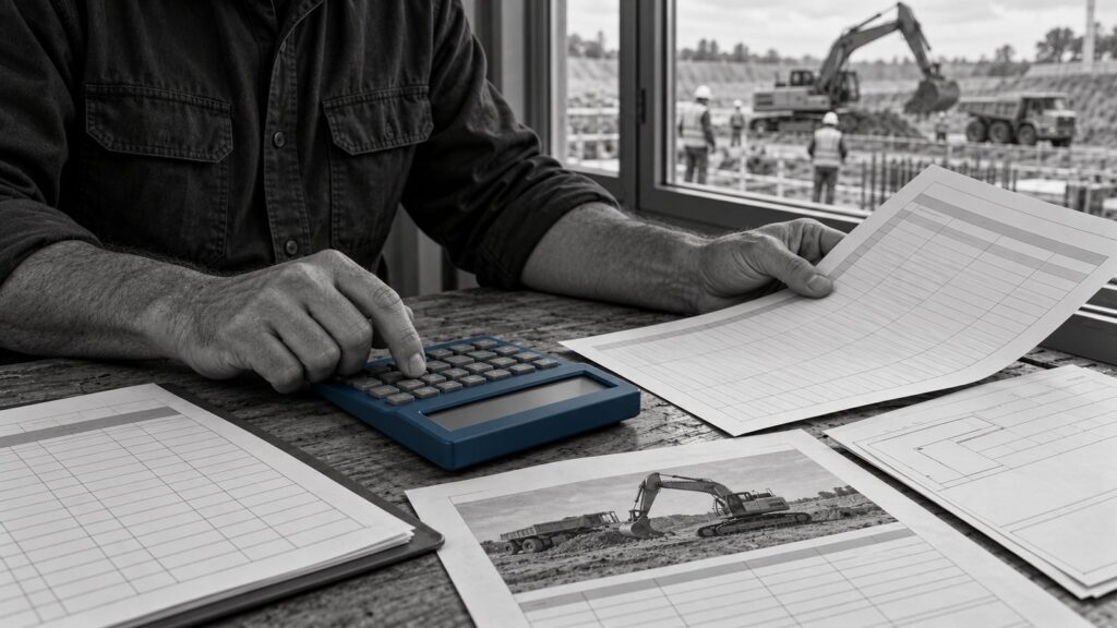 A construction professional reviews cost records using a blue calculator, with construction work visible outside.
