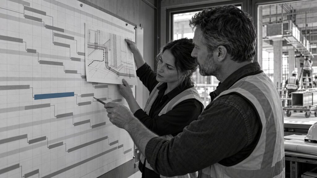 Two construction professionals compare pipeline drawings with a programme containing a blue activity bar.