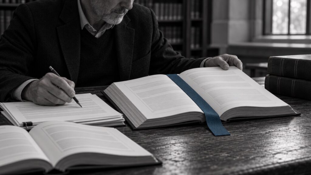 A man reviewing legal texts and making notes beside an open book with a blue ribbon.